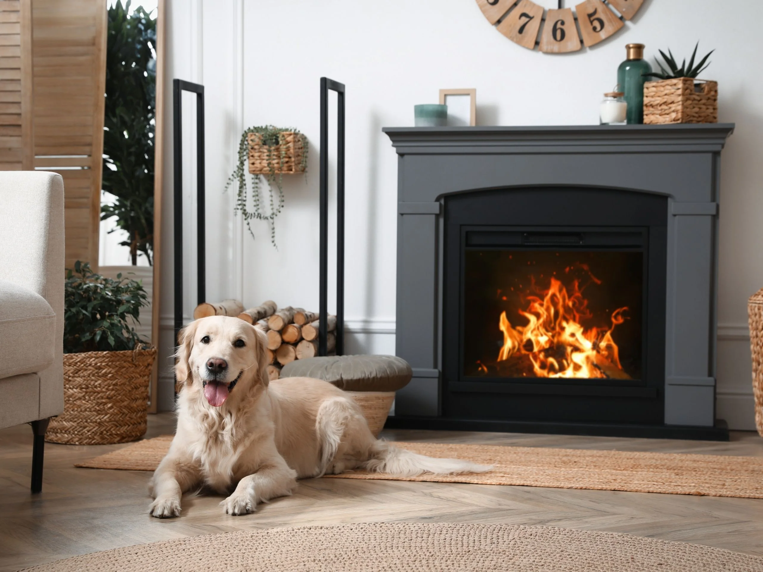 Perro tumbado al lado de una chimenea