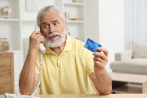Hombre mayor blanco hablando por teléfono con tarjeta de crédito en la mano